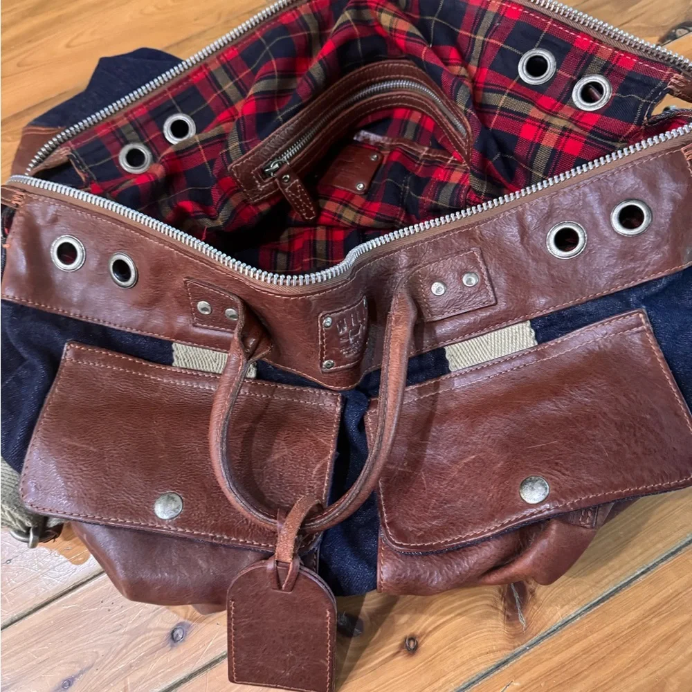 Will Leather Goods -Brown Leather and Blue Canvas Travel Duffle Men's Bag
